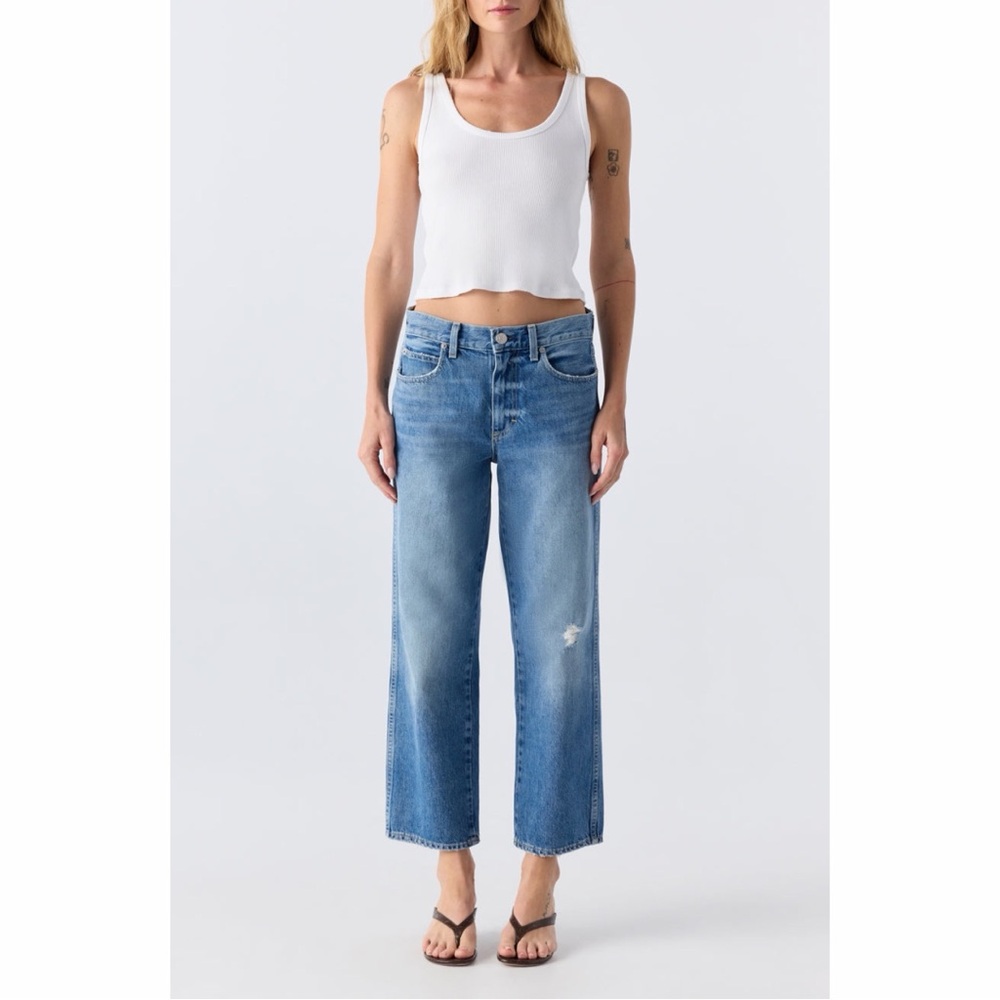 Amo Size 28 Lightwash Billie Distressed Crop Wide Mid Rise Straight Leg Jeans - Picture 7 of 9